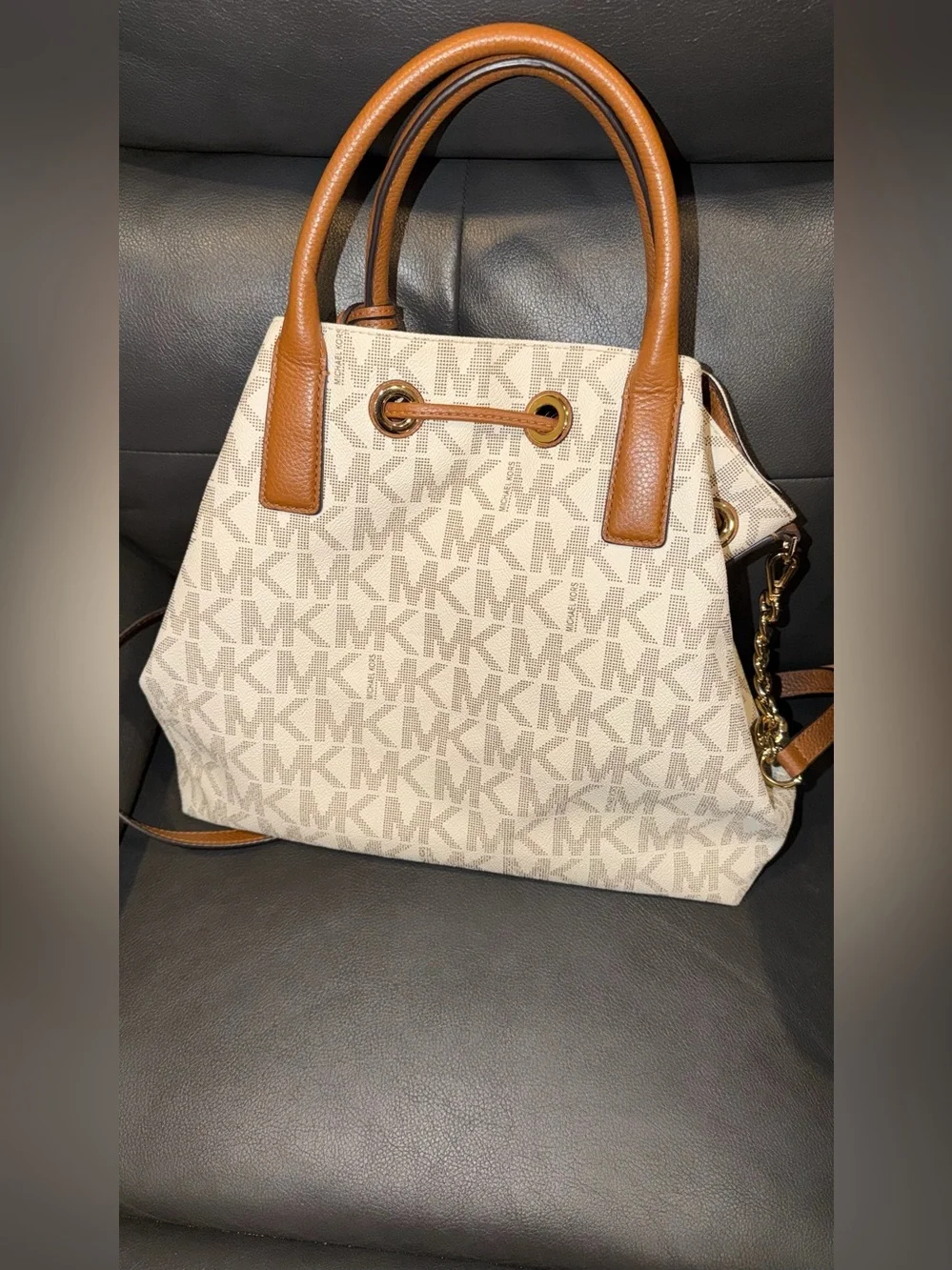 Michael Kors Cream MK Logo Drawstring Satchel with Brown Trim